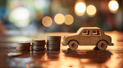 wooden car in profile with stacked coins