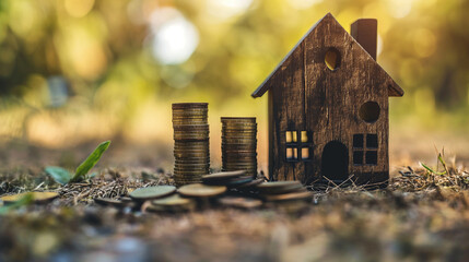 wooden house in profile with stacked coins