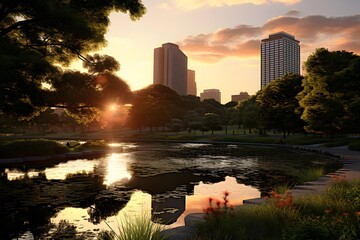 Sunset over the pond in the park. 3d rendering.