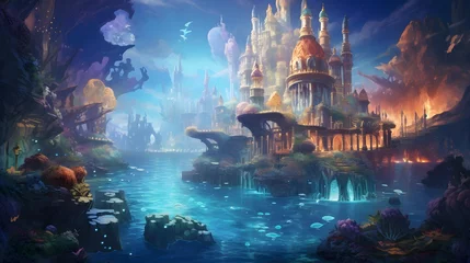 Fototapeten Illustration of a fantasy landscape with a temple in the water. © Iman