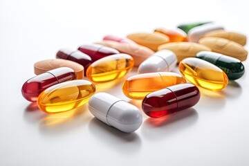 Vitamins in different colored bottles, white background