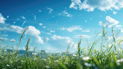 drawn landscape with green grass and blue sky, natural background, digital illustration, travel, field, clouds, empty space for text, wallpaper, summer, harmony, peace, art, blank, beauty, abstract