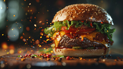 Fresh beef cheeseburger sandwich with flying inbred - obrazy, fototapety, plakaty