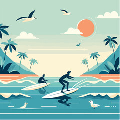 Fototapeta na wymiar Vector people surfing with flat design style
