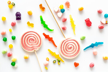 Food pattern with candies and lollipop. Sweet food and candies background