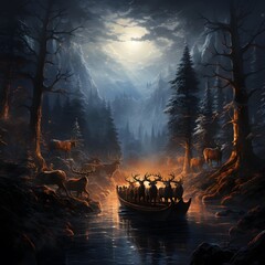 Fantasy scene with reindeers on a boat in the forest