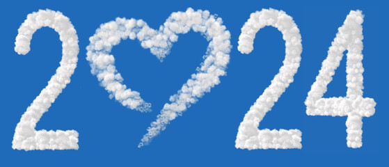 New Year2024. Clouds in shape of the letter 2024. Zero in the form of a heart.