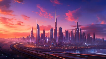 Fototapeta na wymiar Dubai skyline at sunset, United Arab Emirates. Panorama.