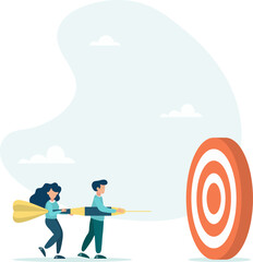 Team business goal, team cooperation to achieve the goal. Colleagues with the same task. A businessman and a businesswoman help hold a dart while aiming for the bull's-eye target.
