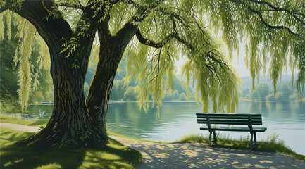 painted weeping willow tree with bench near a river - obrazy, fototapety, plakaty