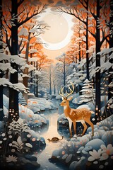 Winter landscape with deer in the forest and full moon. Vector illustration.