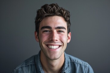 Professional studio photo, young white American man, perfect teeth, smiling