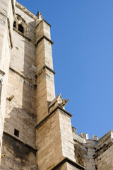 Long columns on a high tower with gargoyles on an old cathedral gothic landmark in Narbonne, France