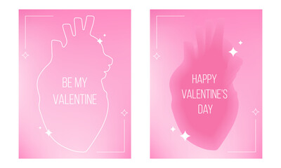 Set of posters with Happy Valentines Day in trendy y2k aesthetic. Blurred gradient background. Vector illustrations for greeting card, banner.