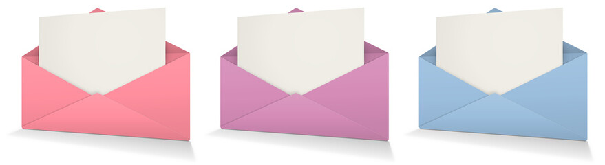 Three Postal envelope blank template color for presentation layouts and design. 3D rendering.