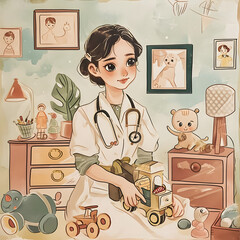 Prompt A charming, vintage-style[Pediatrician emoji] with a whimsical, nurturing feel, surrounded by toys and gentle pastel tones.--v6.0 Generative AI
