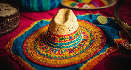 Mexican cinco de mayo hat over a blanket stripes or poncho serape .Mexican party concept, Cinco de Mayo holiday celebration - obrazy, fototapety, plakaty