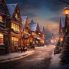 A winter night in a small village with houses and street lights.