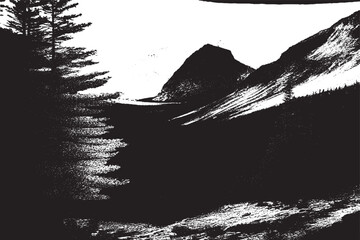 mountain valley black overlay monochrome grungy texture on white background, vector illustration background - obrazy, fototapety, plakaty