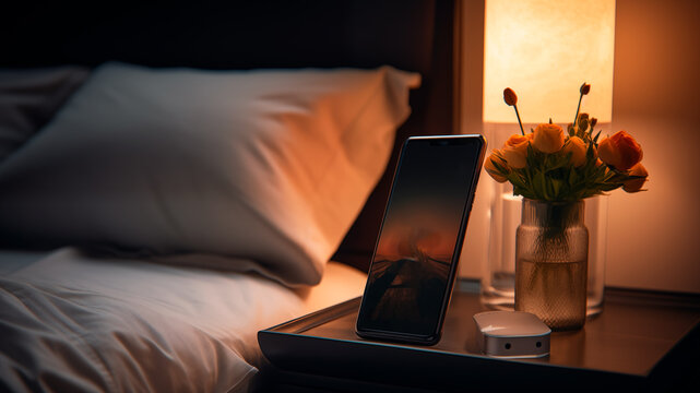 Smartphone Charging By The Bed. Adapter For Smartphone Charging On Table Near The Bed In Hotel. 