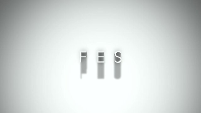 Fes 3D title animation with shadows on a white background