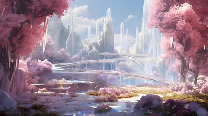 Digital painting of a bridge over the river in a pink forest.