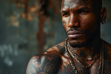 Cool brutal African American man with tattoos, muscular handsome adult guy looking away - obrazy, fototapety, plakaty