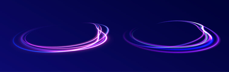 Neon color glowing lines background, high-speed light trails effect. Modern abstract high-speed light motion effect on black background. Light motion effect, slow shutter of traffic.	