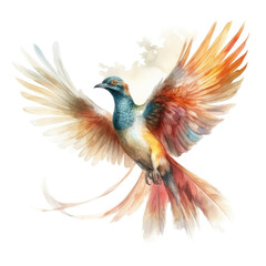 Obraz premium A watercolor painting captures the graceful flight of a bird, its wings spread wide against a soft, warm background.