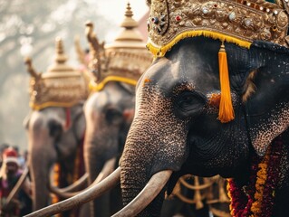 An elegantly decorated elephant with a golden headpiece stands proudly as part of a traditional ceremony, showcasing intricate details. - obrazy, fototapety, plakaty