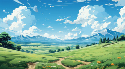 drawn landscape with green grass and blue sky, natural background, digital illustration, travel, field, clouds, empty space for text, wallpaper, summer, harmony, peace, art, blank, beauty, abstract