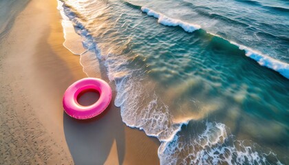 Sunset vibes: A pink float on a sandy beach from above. - obrazy, fototapety, plakaty
