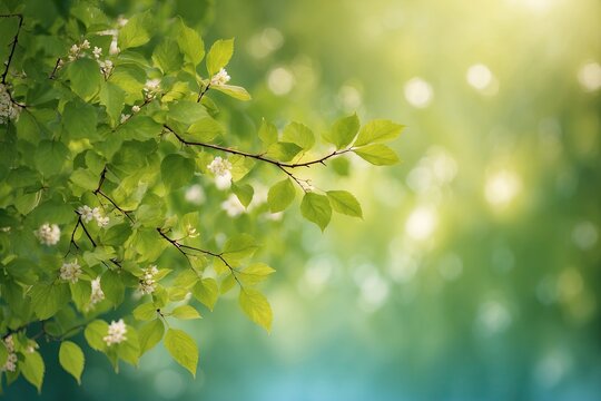 Beautiful natural spring summer defocused background with fresh lush green foliage and bokeh in nature.