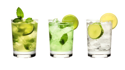 a group of glasses with different drinks