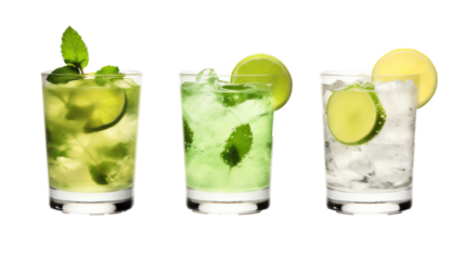 a group of glasses with different drinks