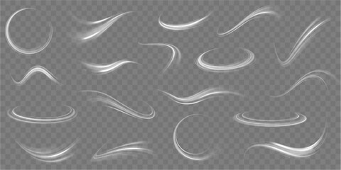 White shiny sparks of spiral wave. Imitation of the exit of cold air from the air conditioner. Vector illustration stream of fresh wind png. - obrazy, fototapety, plakaty