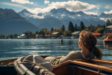 Fototapeta premium A young beautiful woman lies on a yacht, resting.