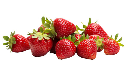 a group of strawberries with green leaves