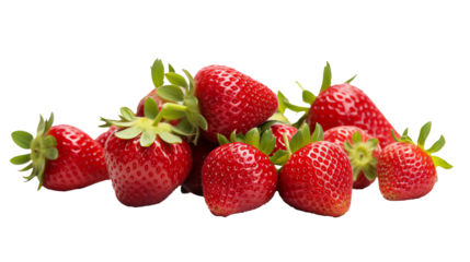 a group of strawberries with green leaves