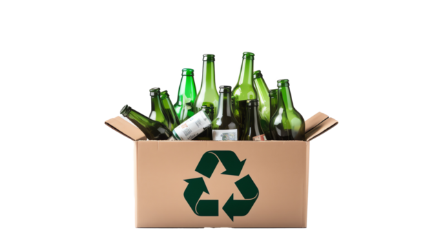 a cardboard box full of green bottles