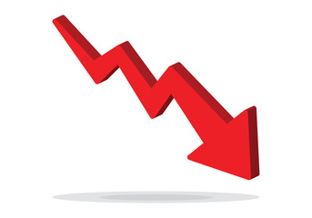 Red 3d arrow going down stock icon on white background. Bankruptcy, financial market crash icon for your web site design, logo, app, UI. graph chart downtrend symbol.chart going down sign. © stefanbalaz