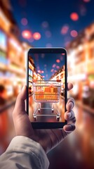 Fototapeta na wymiar Smartphone in hand with shopping cart over blurred city background. 3D rendering
