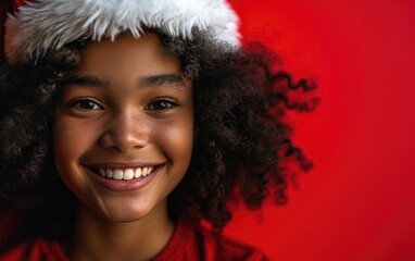 Happy African American kid wearing Santa hat in Christmas background