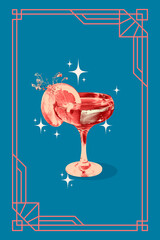 Poster. Contemporary art collage. Creative retro artwork. Creative serving of alcoholic cocktail in retro color filter with shine. Concept of restaurant menu, party, alcohol drink, vintage.