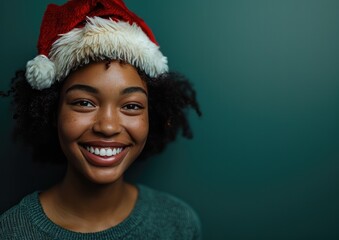 Happy African American girl wearing Santa hat in Christmas background