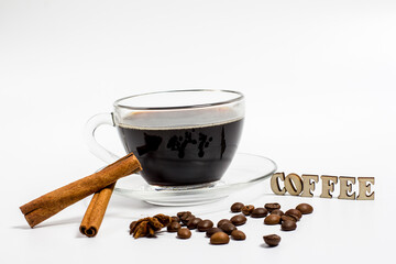 Black coffee in a glass mug on a white background, aromatic coffee for energy