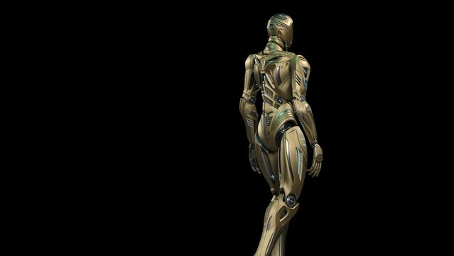 Futuristic alien robot walk or yellow humanoid cyborg steps from left to right side of the screen. Full body isolated on black background with alpha. 3d rendering animation