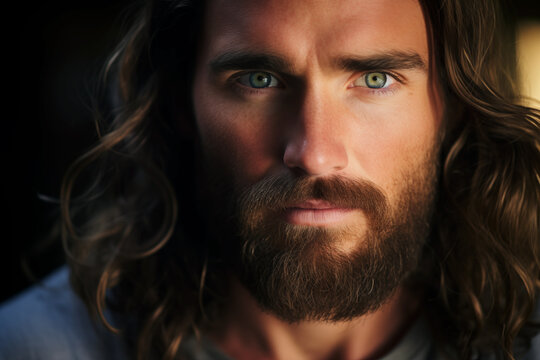 AI Generated Image of portrait of serious Jesus Christ with green eyes, beard and wavy hair looking at camera in daylight