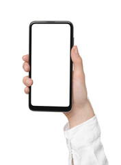 Woman holding smartphone with blank screen isolated on white, closeup. Mockup for design