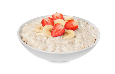Tasty boiled oatmeal with banana and strawberries in bowl isolated on white